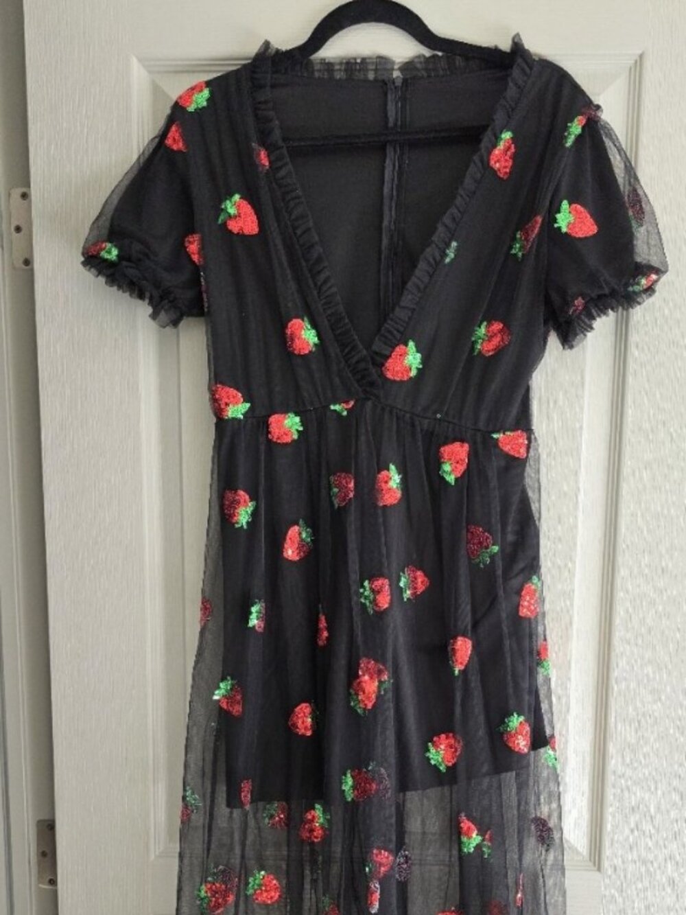 Black Tulle Strawberry Sequin Midi Dress Cottagecore Whimsigoth